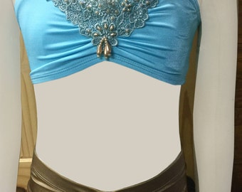 DW-Blossoms Dance set has gathered bra top with embellished lace appliqué and rouged front spandex dance shorts.
