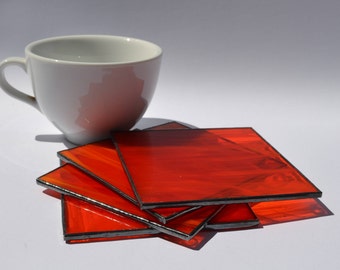 Geometric Square Coasters Bright Orange Set Kitchen Decor Dorm Room Neighbor Gift Hostess Housewarming Cool Minimalist Table Setting Modern