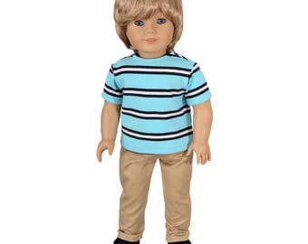 Fits Like American Girl Doll Clothes. Boy Doll Outfit. Turquoise Striped Tee and Khaki Pants.