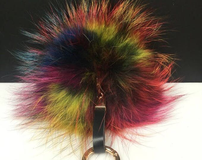 NEW Tropical Swirl™ Multi Color Raccoon Fur Pom Pom bag charm clover flower charm keychain piece no.352 ( 2 way pom pom)