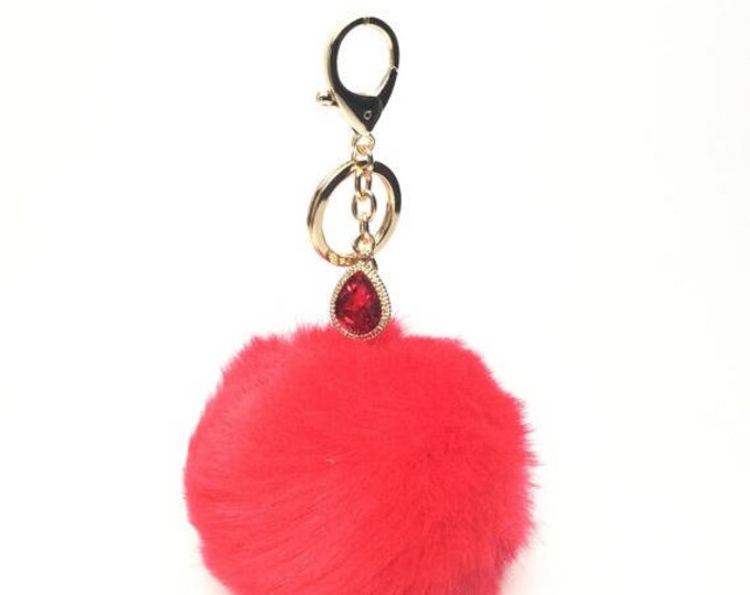 NEW! Faux Rabbit Fur Pom Pom bag Keyring keychain artificial fur puff ball in Red Crystals Collection