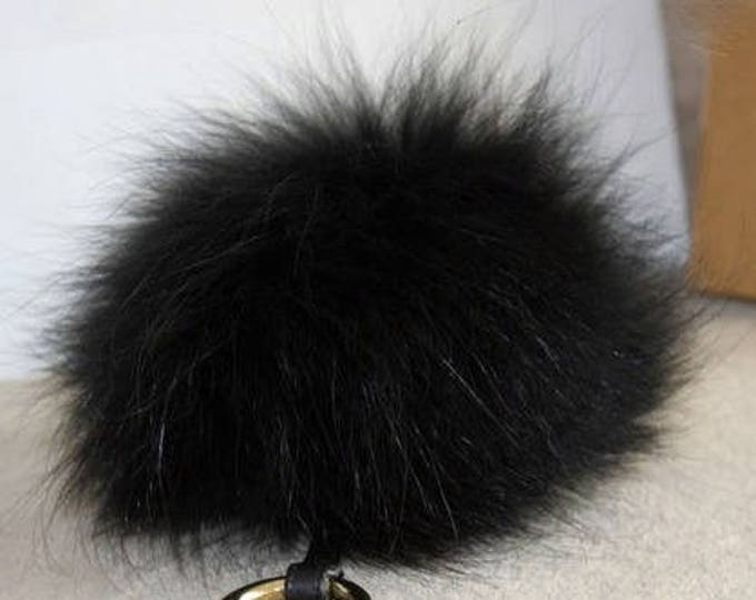 BLACK Luxury bag pendant Raccoon Fur Pom Pom with leather strap metal buckle key ring chain bag charm