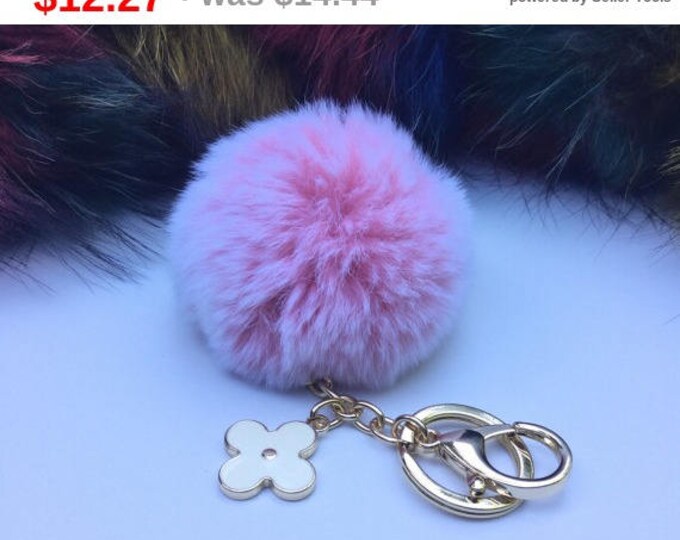 New! Summer Collection Light Pink Frost fur pom pom keychain bag charm flower clover keyring