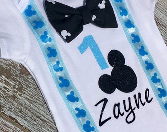 Mickey Mouse 1st birthday onesie with bowtie, Mickey Mouse birthday outfit, first birthday onesie, Mickey Mouse birthday