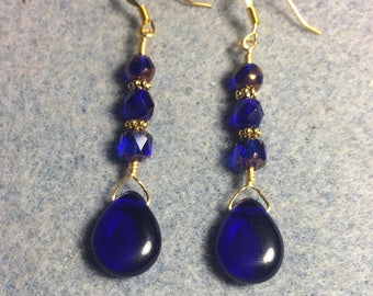 Cobalt blue Czech glass pear drop earrings adorned with cobalt blue Czech glass beads.