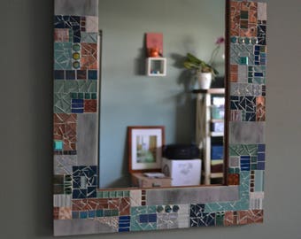 Mosaic Mirror with Green, Blue, and Copper