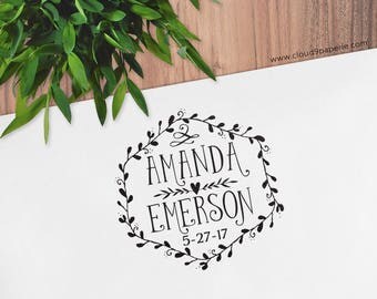 Custom Personalized Wedding Rubber Stamp Anniversary Wreath Stamp Names and Date, Save the Date Stamp Favor Tag Stamp Wood Self Inking #S009