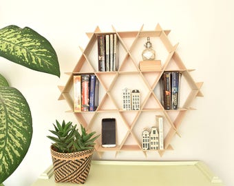 Wood Bookshelf, Floating Shelves, Bookcase, Hanging Bookshelf, Wood Book Shelf, Wall Shelf, Hexagon Shelves, Living Room Storage