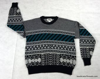 vintage sweater 1980s Expressions Black/Teal Sweater Men's Large Black White Teal vtg ugly sweater cosby sweater