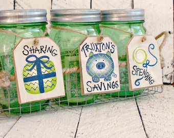 Piggy Bank for Boys, Rustic Mason Jar Bank Tags, Personalized Kids Bank, Dave Ramsey Style Money Bank Set, Save Spend Share, Hand Painted