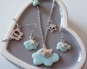 Blue cloud earrings and necklace set