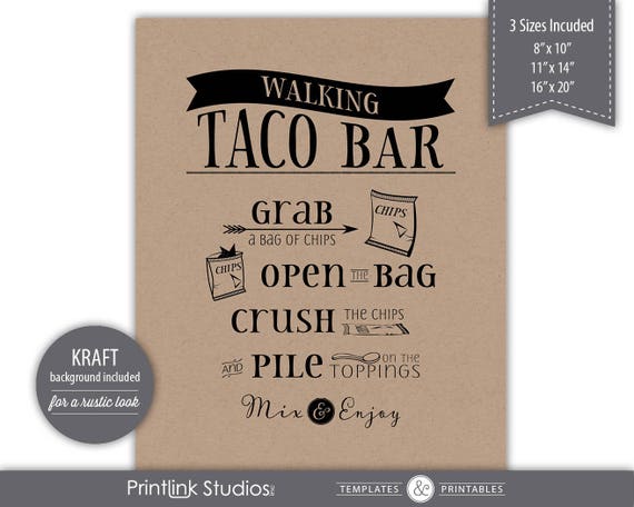 Walking Taco Bar Sign Printable 3 Sizes Kraft