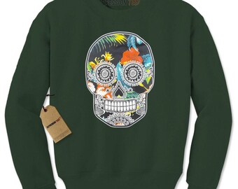 Sugar Skull Floral Print Dia De Los Muertos Adult Crewneck Sweatshirt