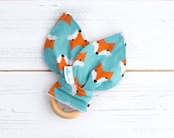 Fox Teether - Natural Wood Teether - Bunny Ears Teething Ring - Baby Gift - Gender Neutral -Wooden Toy - Organic Baby Teether - UK seller