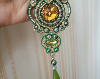 Sale !! Gold green soutache pendant with natural stone