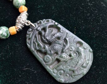 Dragon Necklace, Chinese Dragon Horoscope, Tribal Gemstone Necklace, Jade, Jasper, Aventurine, Ethnic Necklace (297)
