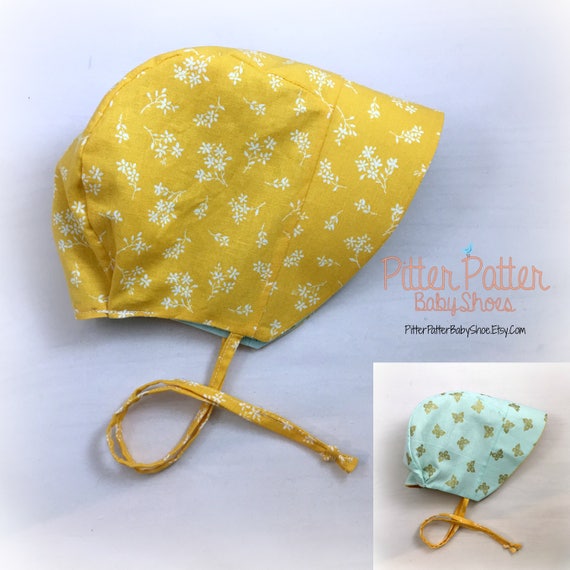 Mustard Yellow Summer Baby Bonnet Mint and Gold Butterflies