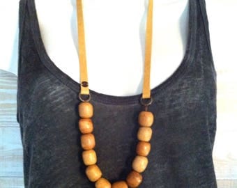 Necklace leather yellow and large beads Kathmandu