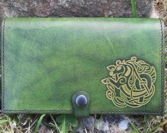 Leather checkbook cover , celtic design "sea horse", colour "vert anis"(16 colours available)