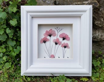 Sea Glass Art, Abstract, Stained Glass Poppies, Birthday, Anniversary Gift, Cornish Pebble Art, Beach Art, Wall Art, Mosaics, Stained Glass,