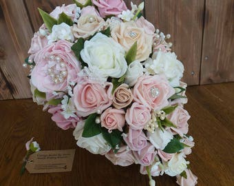 For Sarah Bespoke Vintage Pastel peach and pearl rose and peony teardrop bouquet and buttonhole