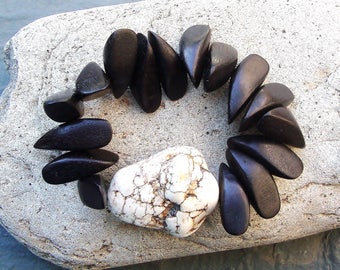 Dramatic Tiger Ebony Cone Wood & Magnesite Stretch Bracelet, tribal jewelry, wood jewelry, global jewelry, stone jewelry, ebony jewelry
