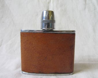 1970's stainless steel leather covered hip flask with tot/measure cap, 4 oz. pocket flask, spirit flask, gentleman's accessory,