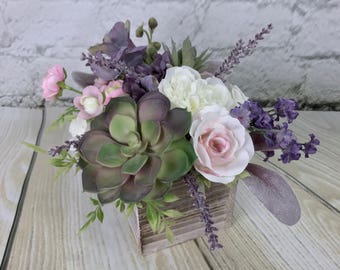 Succulent Centerpiece Artificial Flowers Pink Lavender Rustic Wood Succulent Centerpiece Artificial Flowers Pink Lavender Rustic Wood