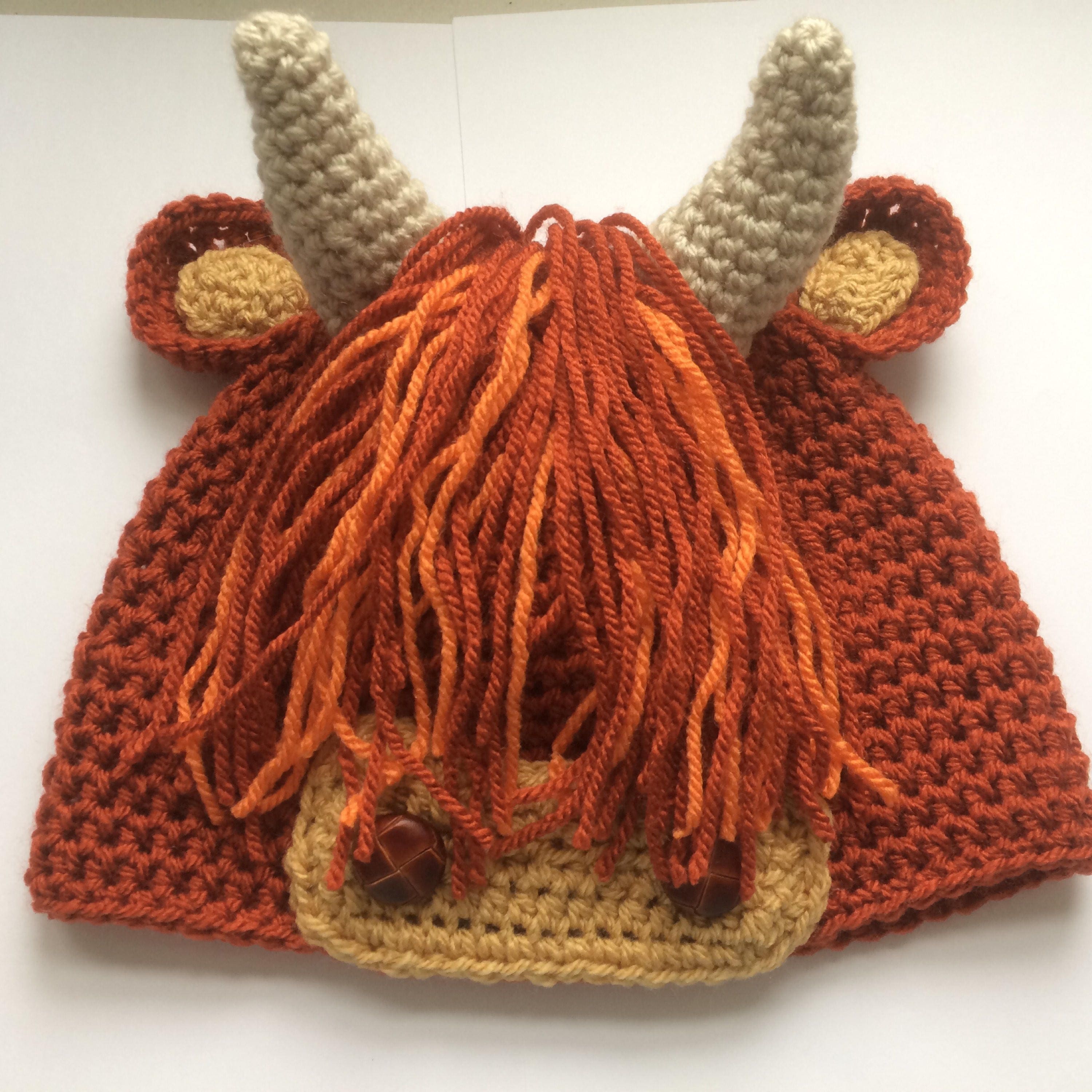 Handmade crochet Scottish Highland Cow or Coo hat made on the