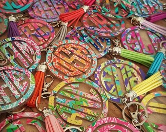 Lilly Pulitzer Inspired Monogram Key Chain, Monogrammed Keychain, Bridesmaid Gift Keychain, Paisley Monogram Key Chain, Tassel Keychain