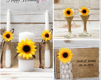Sunflower Wedding Set of Guestbook Unity Candle set Wedding Glasses Sunflower Guest Book Wedding Candle Toasting Glasses Sunflower wedding