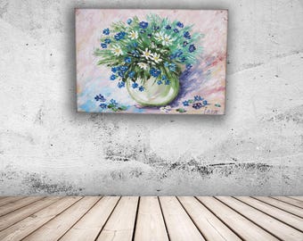 Home-gifts-Original-painting-Gift-for-women-Anniversary-gift-contemporary-art-flower-painting- blue-flowers-cornflower-painting-watercolor
