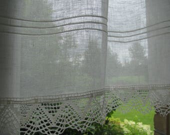 White Linen Curtain Romantic Cafe Curtains with Lace Edge Trim Window Panel French Country kitchen Curtain.Custom Curtain