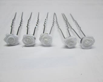 5 hair pins, white satin rose hair clip for wedding set of 5