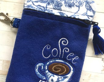 Blue Coffee Pouch - Small Zippered Pouch - Accessories Pouch - Coffee Lover - Applique Pouch - Coffee Gift - But First Coffee