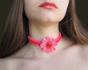 SALE Red Choker, Ribbon Collar Choker, Cute Submissive Collar, Red FlowerChoker, BDSM Collar
