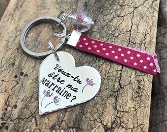 Hand Stamped Veux tu être ma Marraine?, Personalised French Godmother Keyring