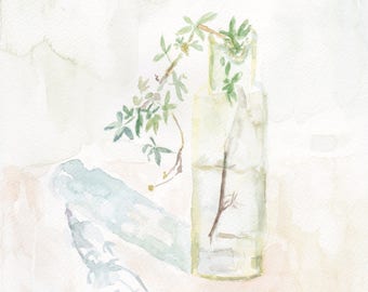 Original Painting Watercolor Art: Still Life With a branch in a glass bottle