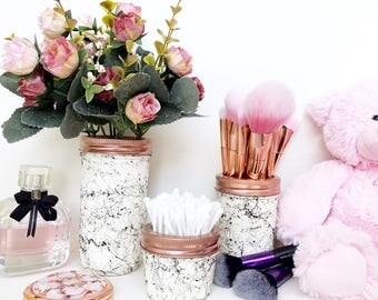 Marble Mason Jar decor, painted jar, Minimalist decor, marble makeup brush holder, marble makeup storage, marble accessories, dressing table