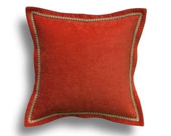 Orange Velvet Throw Pillow Cover -Orange Pillow Cover- Embellished Pillow Cover -Velvet Pillow Cover -Flange Pillow -Trim Pillow