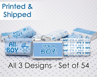 It's a Boy Blue Baby Shower Party Decorations Footprints Favor Stickers for Hershey's Miniatures Candy Bars (Set of 54)