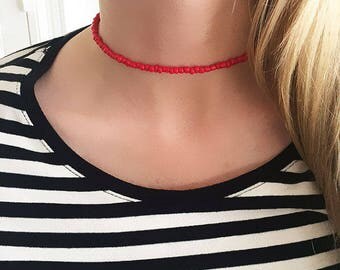 Red choker red beaded choker red necklace red beaded necklace red choker jewelry boho necklace seed bead necklace red jewelry 4th of July