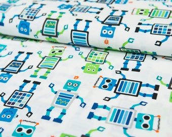 Robots Cotton Fabric, Blue Green Cotton Fabric, Fabric For Sewing, Boys Cotton Fabric, Fabric For Girls, Bedroom Fabric, Robot Decor