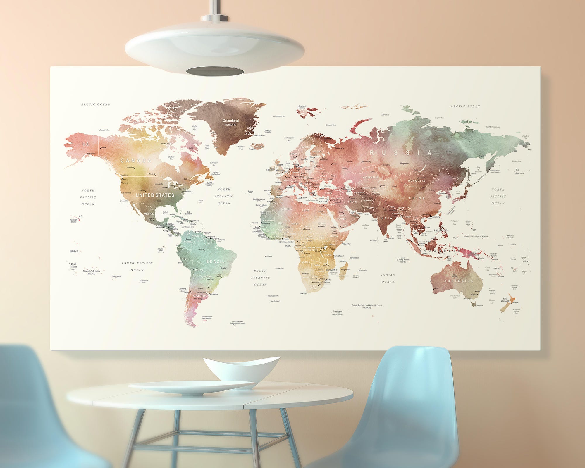 Brown Watercolor World Map Canvas World Map Wall Art Detailed