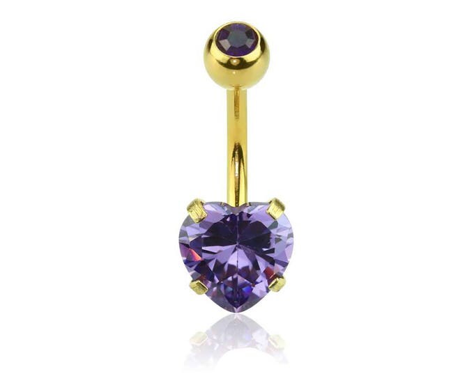 Gold Plated Prong Set Heart CZ 316L Surgical Steel Navel(Belly) Ring