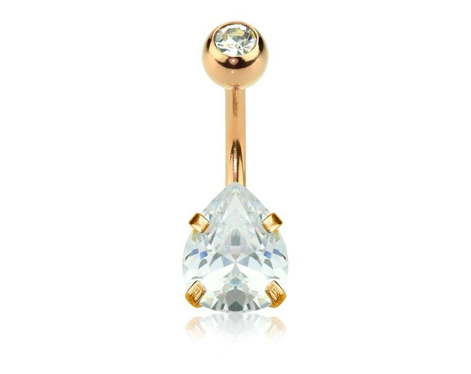 Rose Gold Plated Double Gem Prong Set Tear Drop CZ 316L Surgical Steel Navel Ring