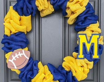 Michigan football wreath, michigan wreath, blue and maize wreath, michigan football burlap wreath