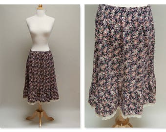 70s Prairie Skirit/Vintage Midi Skirt/Floral Boho Skirt