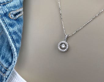 Pretty Circle Dancing Diamond Necklace, Cubic Zirconia, Sterling Silver, Engagement, Wedding, Anniversary, Gift for Her, Best Sellers