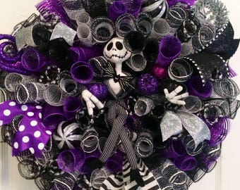Jack Skellington Wreath, Nightmare Before Christmas Wreath Inspired, Halloween Wreath, Jack Door Hanger, Halloween Mesh Wreath